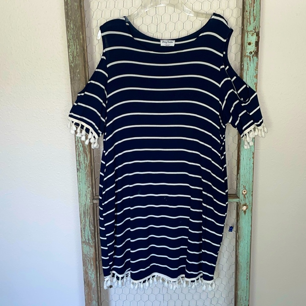 Medium Navy/White Stripe Peep-shoulder Beach Dress